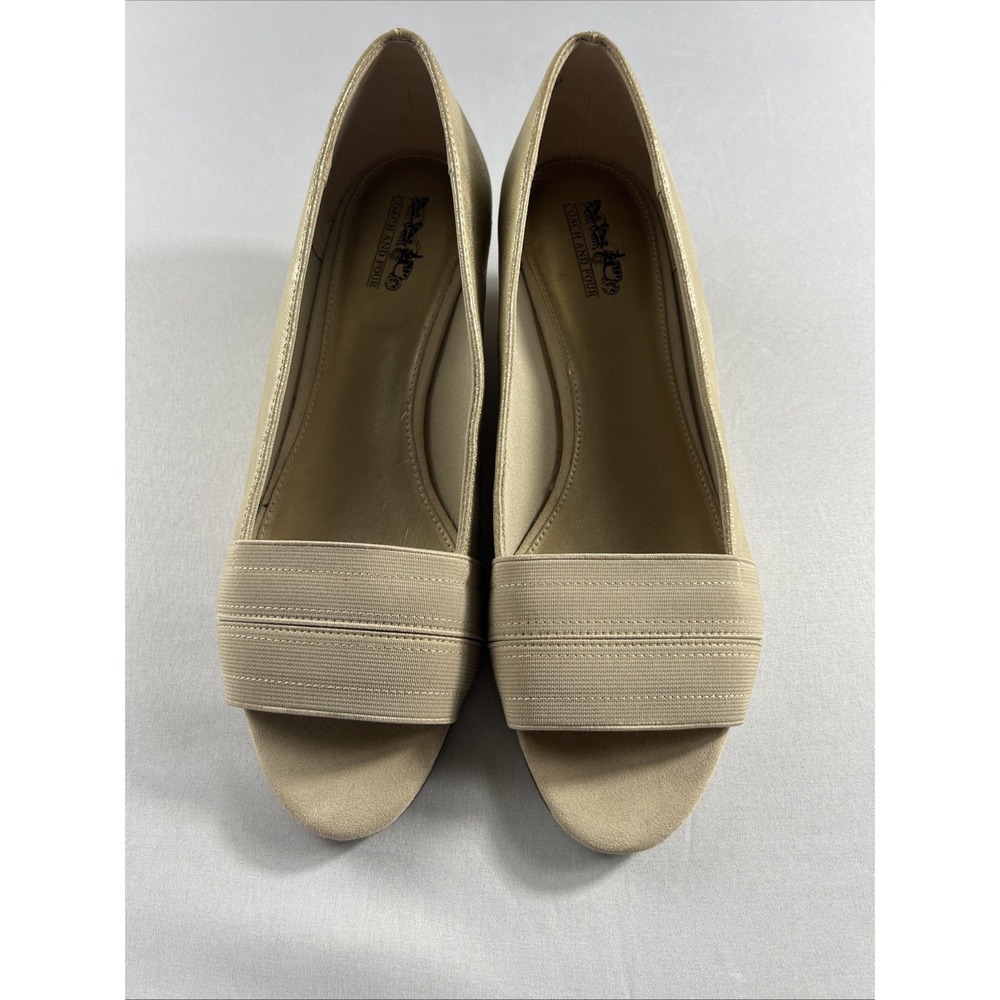Coach and Four Louise Espadrille Wedge Beige Canvas Peep Toe Shoe Womens Sz 10